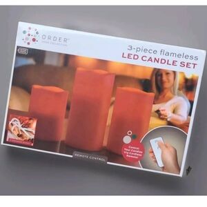 LED Candle Set 3-Pc Wax Red Cinnamon Scent Timer Pillar